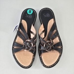 NWT Söfft Black Leather Woven Copper Ring Slide Sandals Size 8